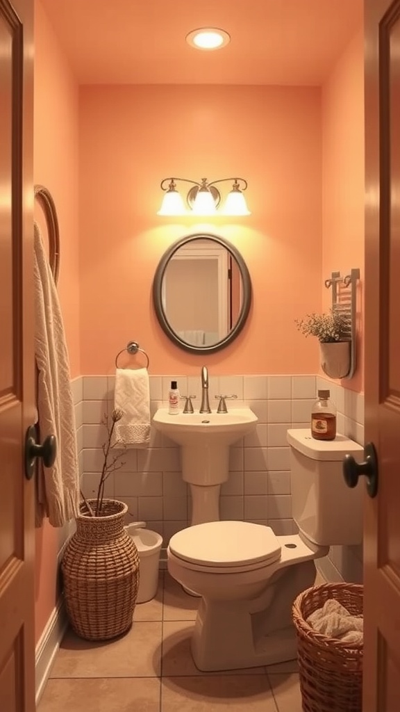 Small bathroom painted in muted peach with decor elements