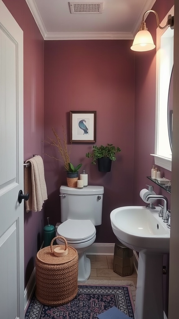 Small bathroom painted in muted plum with white fixtures and decorative elements.