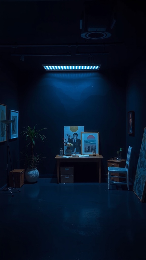 A dark indigo room with art pieces and a wooden desk.