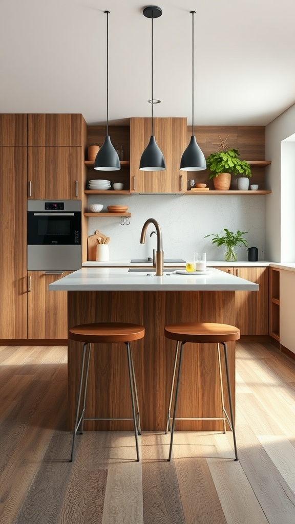 A narrow bar-height kitchen island with two stools and pendant lights above, showcasing a sleek design in a modern kitchen.