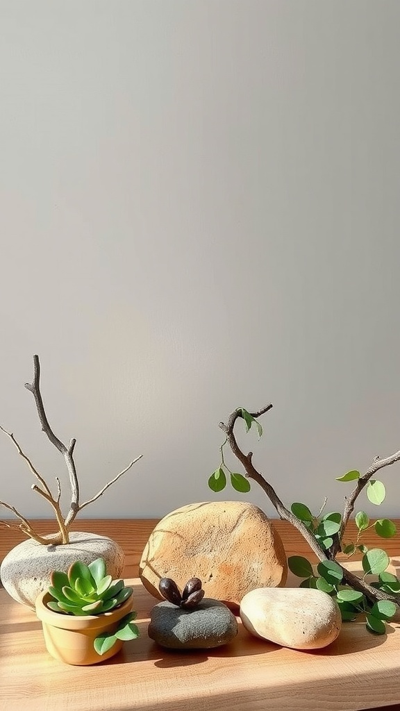 Arrangement of stones, branches, and small plants on a wooden surface