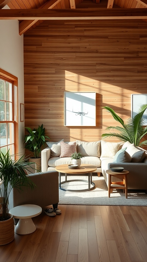 Modern farmhouse living room with natural wood accents and plants