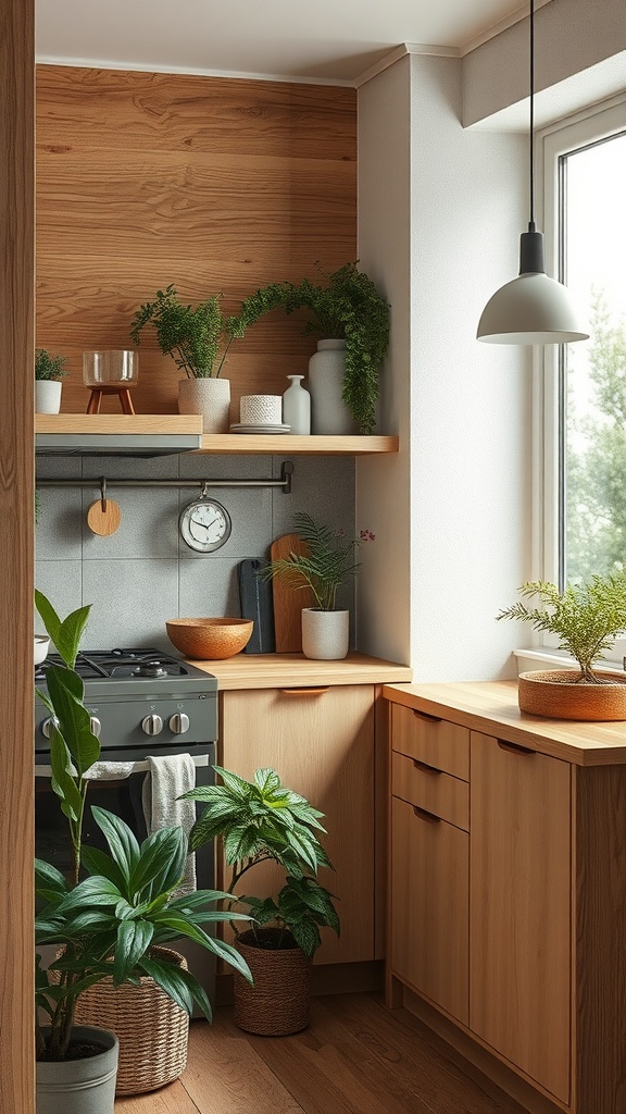 A cozy small kitchen with wooden shelves, plants, and a stove.