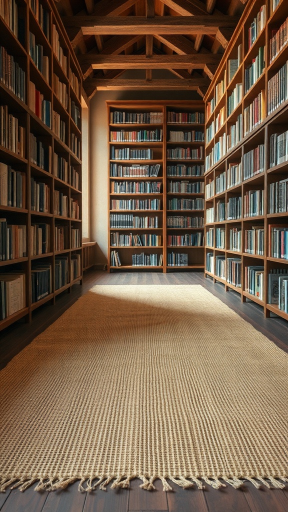 A library interior with wooden bookshelves and a natural fiber rug on the floor.