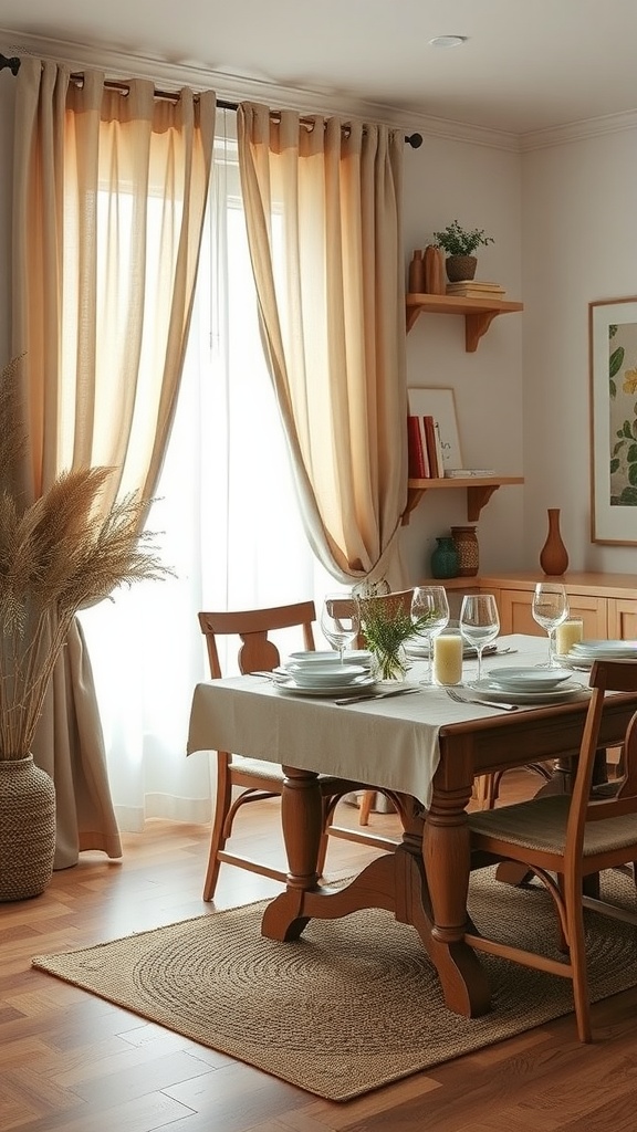 A cozy farmhouse dining room featuring natural fiber textiles, a wooden table, and a soft rug.