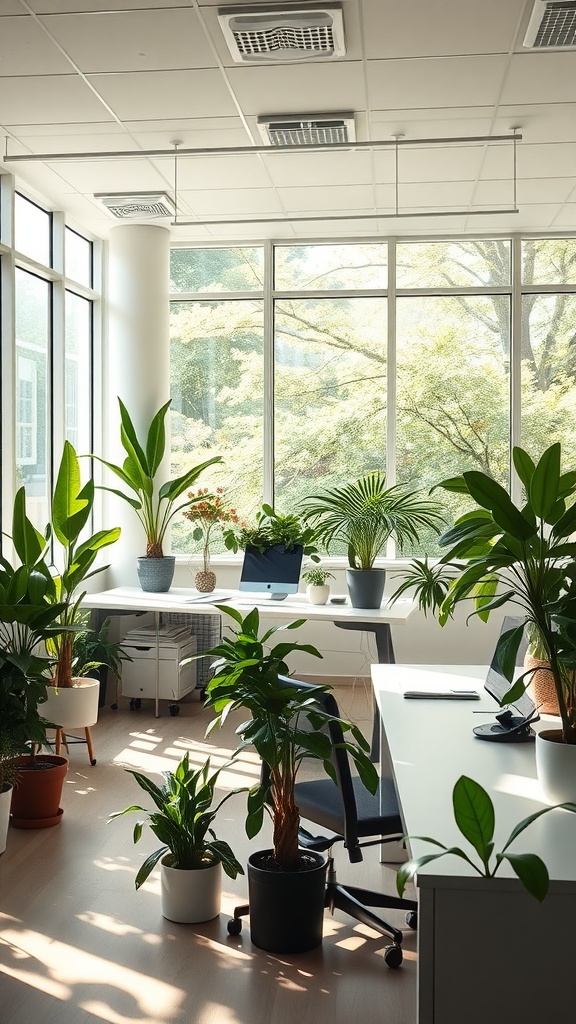 Bright office layout with large windows and various indoor plants