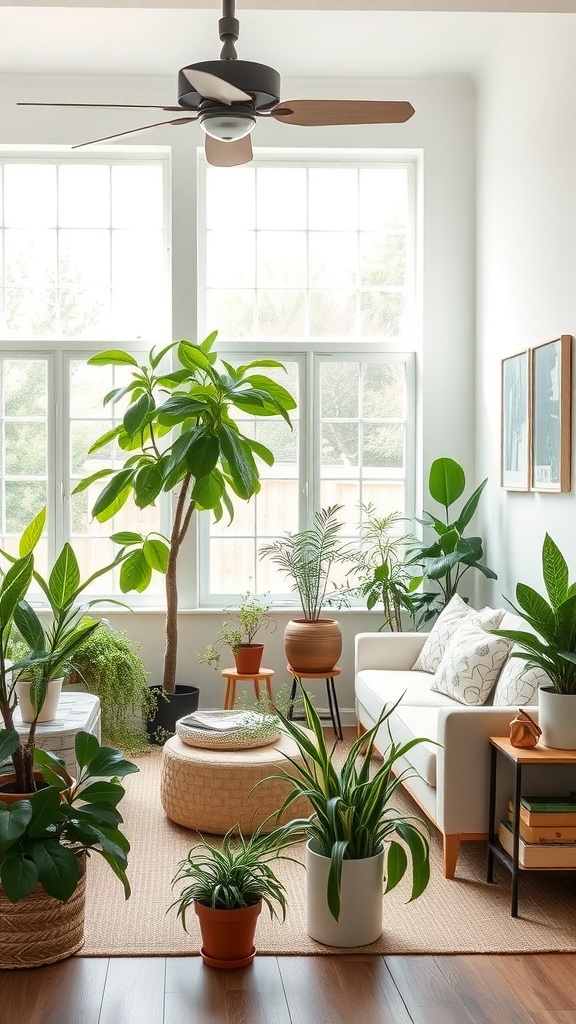 A bright farmhouse living room filled with indoor plants and natural light
