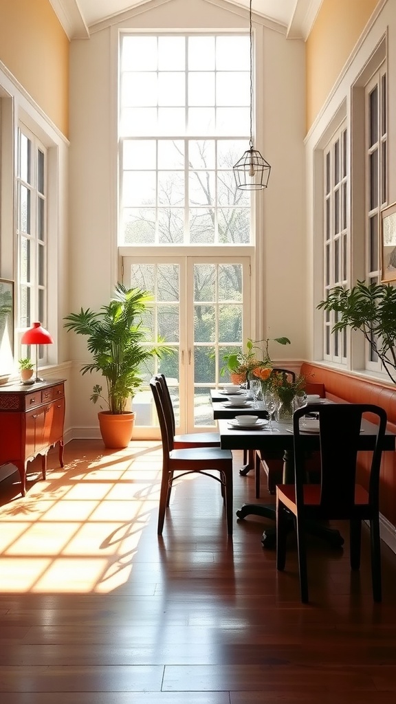 Cozy cottage core dining room featuring large windows, natural light, and rustic decor