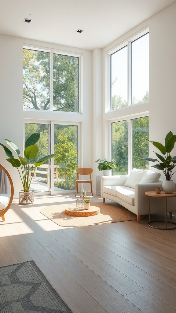 Bright and airy living room with large windows, plants, and cozy furnishings