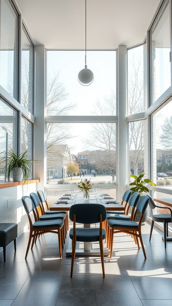 A modern dining room with large windows allowing plenty of natural light, featuring a stylish table and chairs.