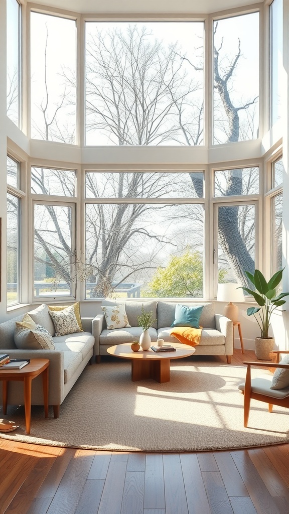A bright living room with large windows, showcasing natural light and cozy decor.
