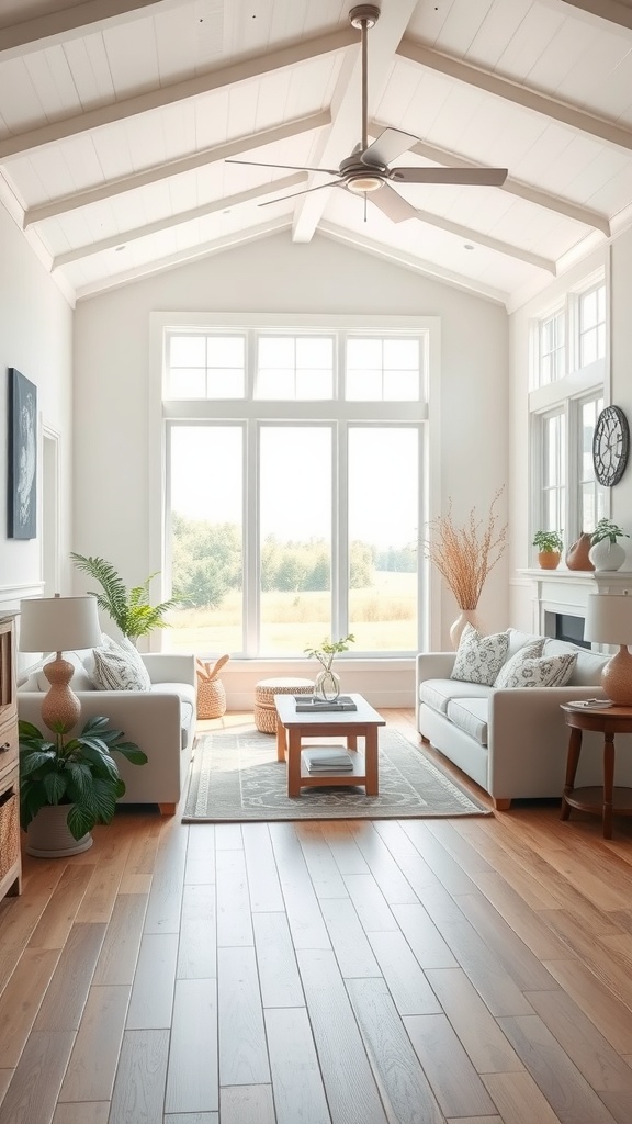 Bright and airy farmhouse living room with large windows and natural light