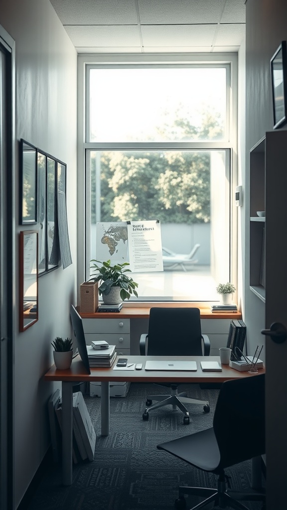 A bright and organized tiny home office with a large window and mirrored elements to enhance natural light.