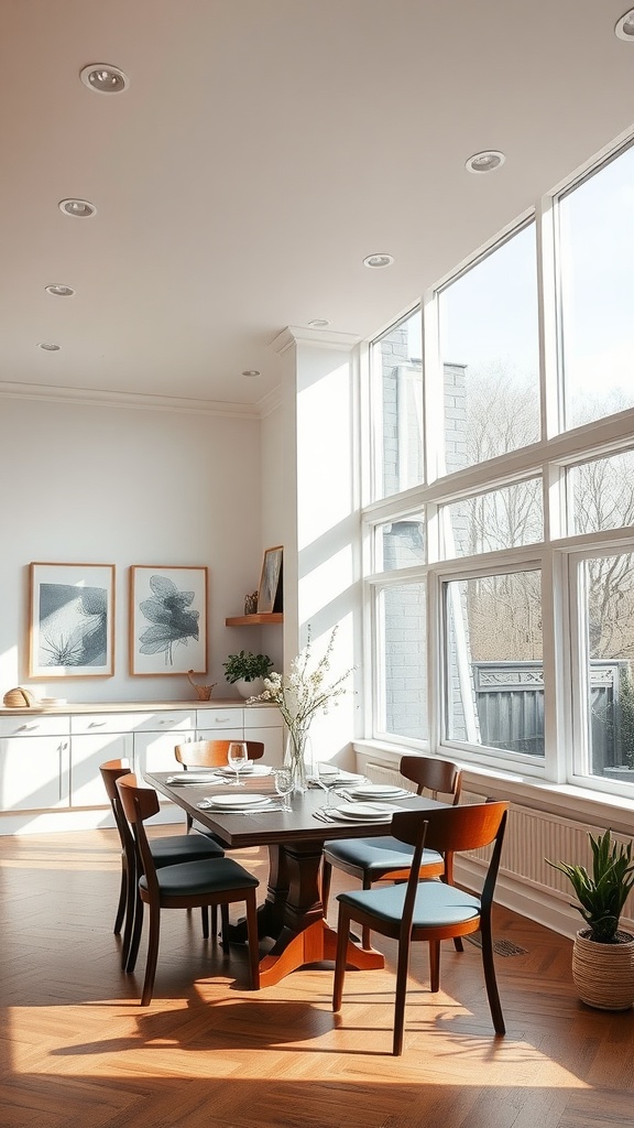 Bright dining room with recessed lighting and large windows