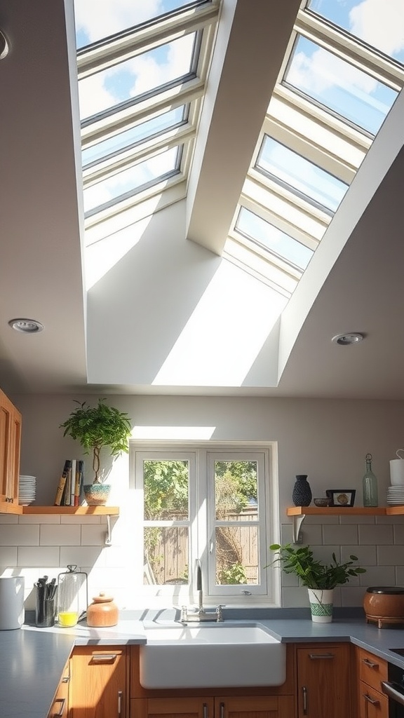 A kitchen featuring skylights that enhance natural light, illuminating the space above the sink.