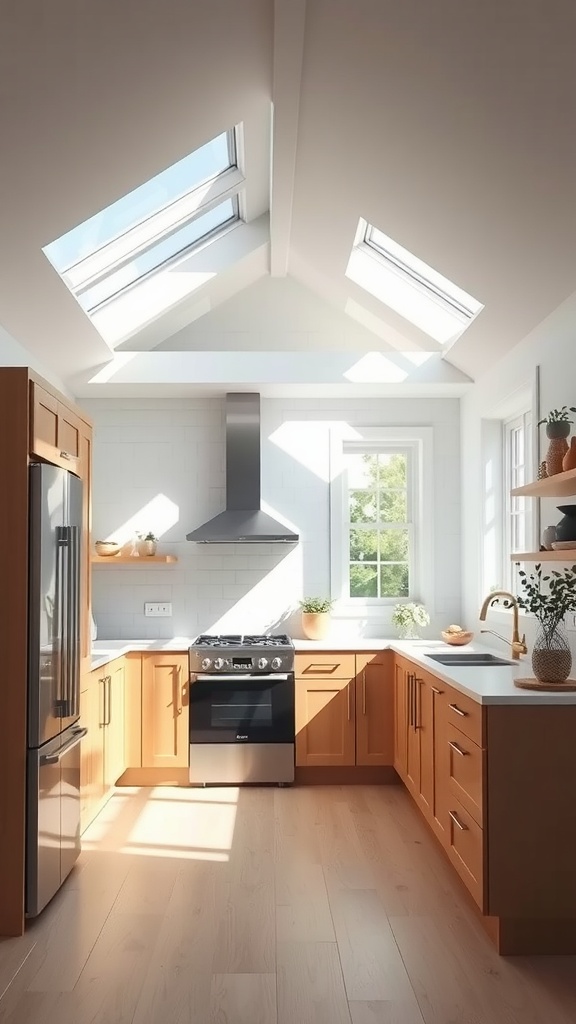 A bright kitchen with skylights illuminating the space.