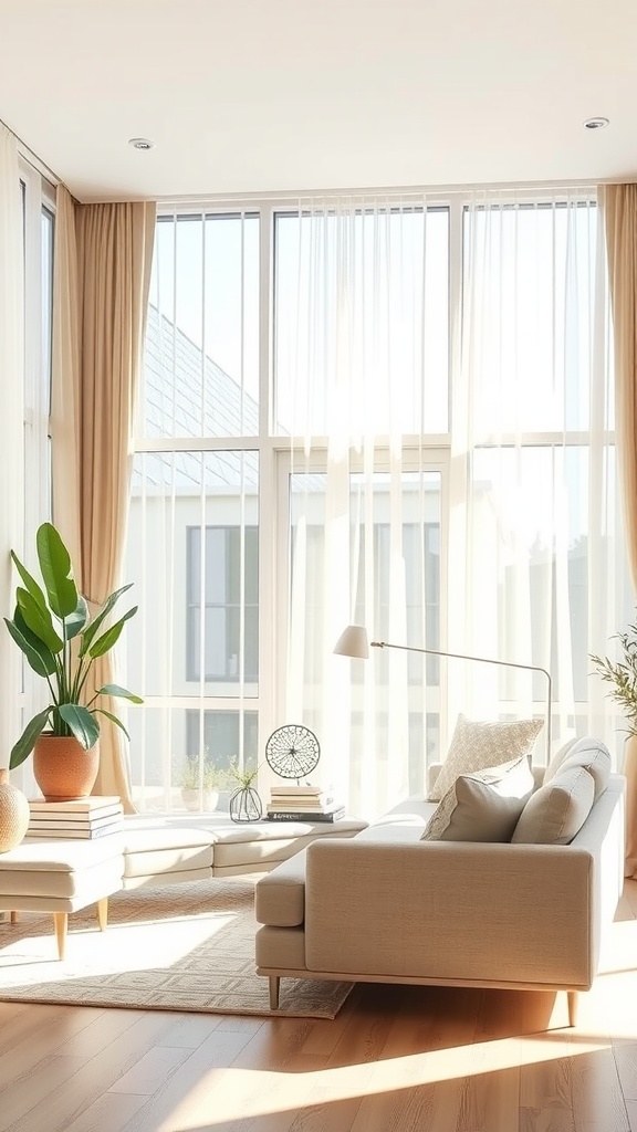 Cozy living room with large windows and sheer curtains allowing natural light to fill the space.