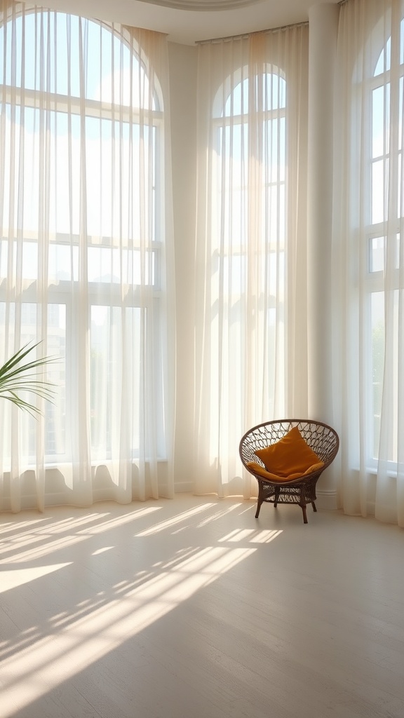 Bright room with large windows, sheer curtains, and a cozy chair illuminated by natural sunlight