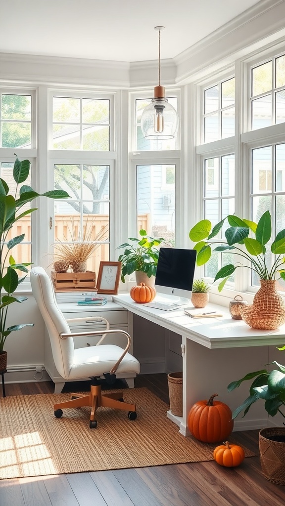 A cozy home office with large windows, plants, and pumpkins, showcasing natural light.