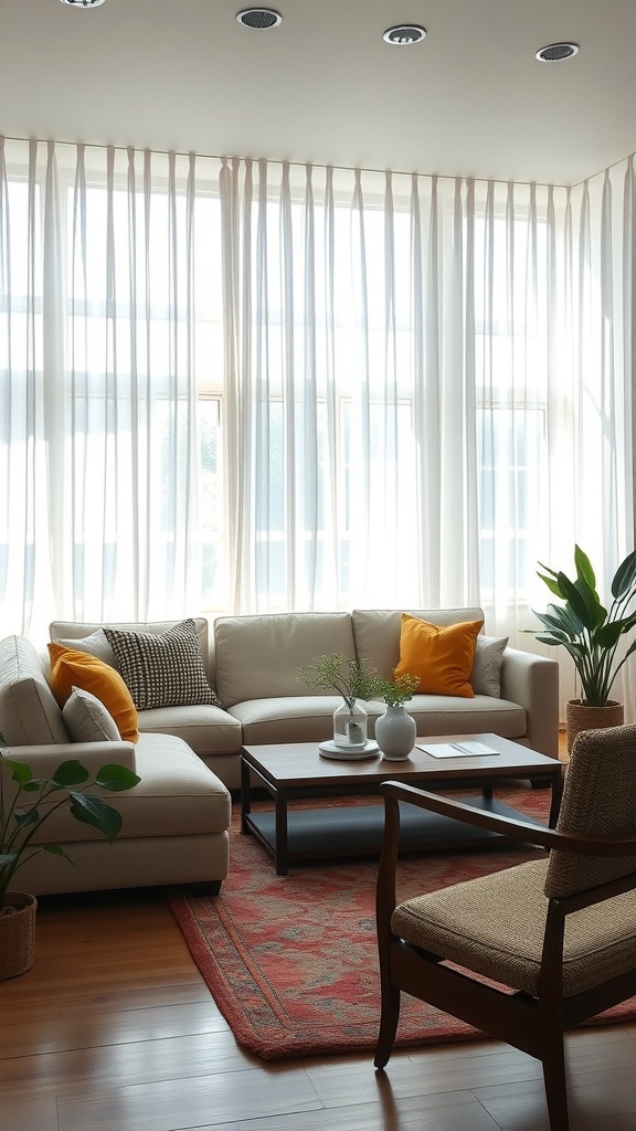 A bright living room with soft white drapes filtering natural light, featuring a cozy sofa with cushions and indoor plants.