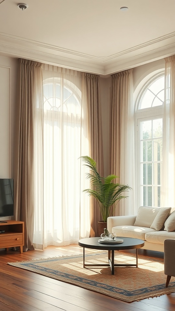 A well-lit living room featuring sheer curtains, a cozy sofa, and a coffee table.