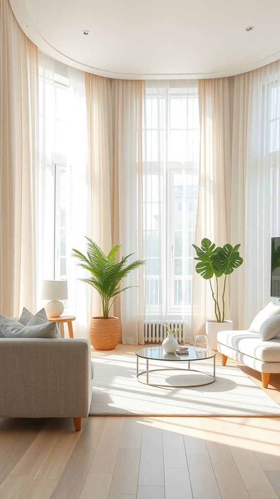 Bright living room featuring sheer curtains, plants, and natural light