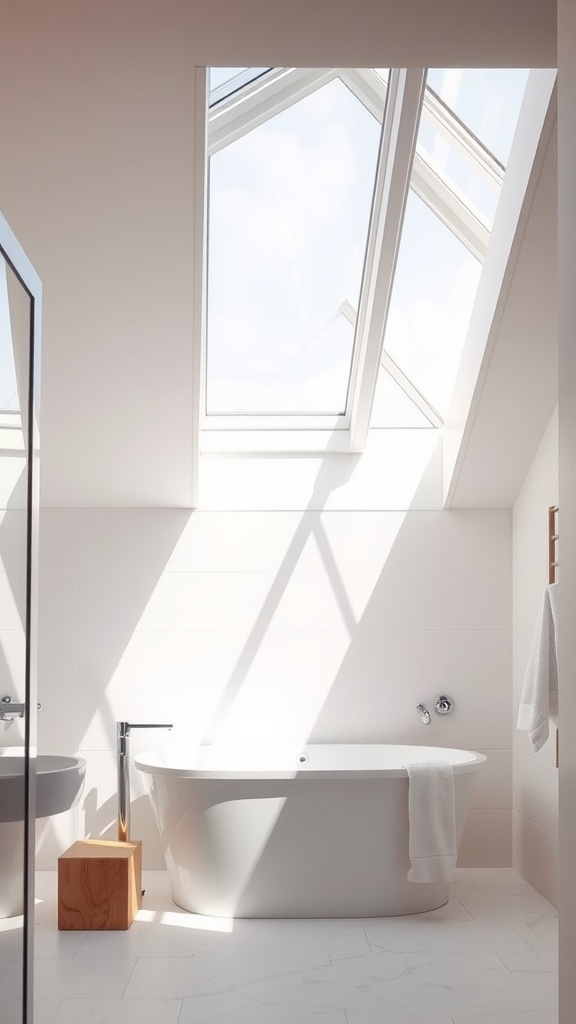 A modern bathroom with skylights, featuring a bathtub illuminated by natural light.