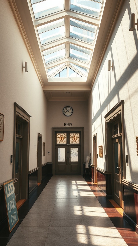 A bright entrance hall with skylights, showing sunlight casting shadows on the floor.