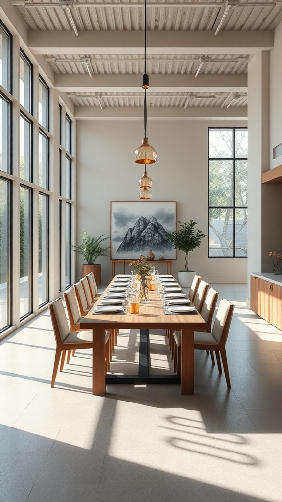 A modern farmhouse dining room with large windows, a wooden dining table, and stylish light fixtures.