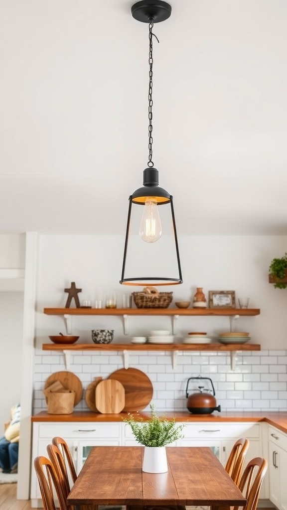 A low ceiling pendant light in a rustic kitchen setting with wooden dining table and shelves.