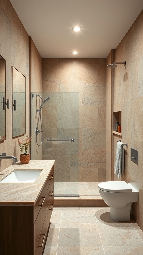 Small transitional bathroom featuring natural stone accents and wooden vanity.