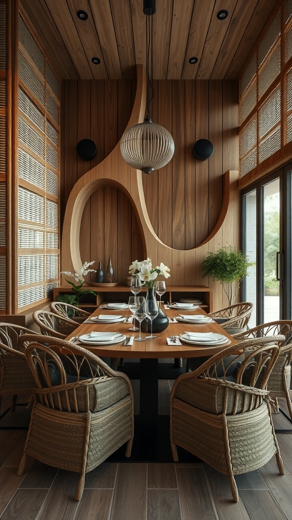 A beautifully designed dining area featuring wooden walls, a round light fixture, and woven chairs around a wooden table.