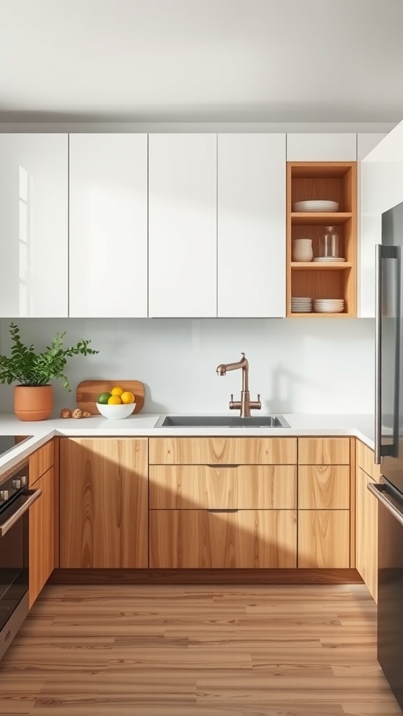 A kitchen featuring natural wood lower cabinets and glossy white upper cabinets, with an open shelf displaying dishes.