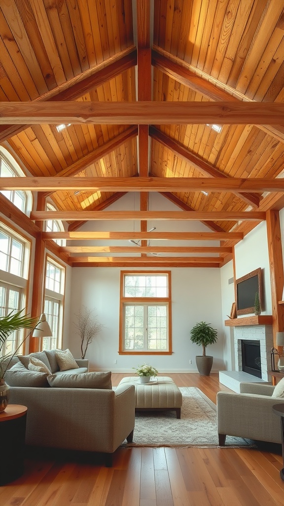 A spacious living room featuring high natural wood beams and ceilings, with a cozy sofa and a modern fireplace.