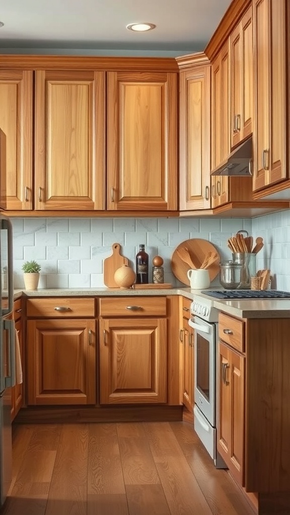A kitchen featuring natural wood cabinets with a warm finish, showcasing a cozy and inviting atmosphere.