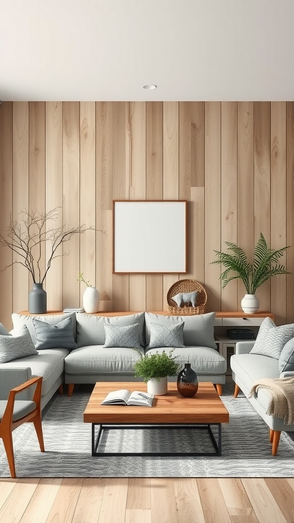 A grey modern farmhouse living room featuring light wood paneling, grey sofas, a wooden coffee table, and plants.