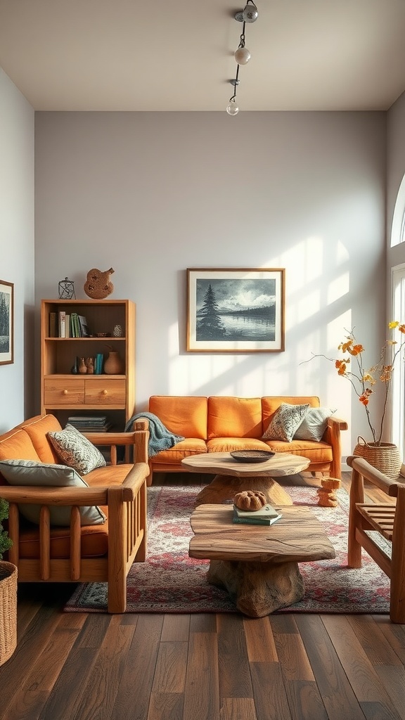 A cozy farmhouse living room featuring natural wood furniture, an orange sofa, and warm lighting.