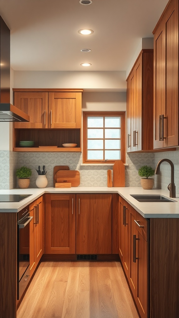 A cozy kitchen featuring natural wood grain cabinets with a modern design.