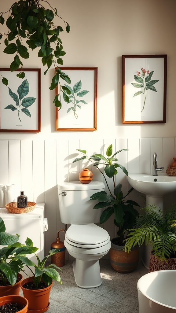 A bathroom featuring botanical prints on the wall with plants in pots, creating a serene and refreshing atmosphere.