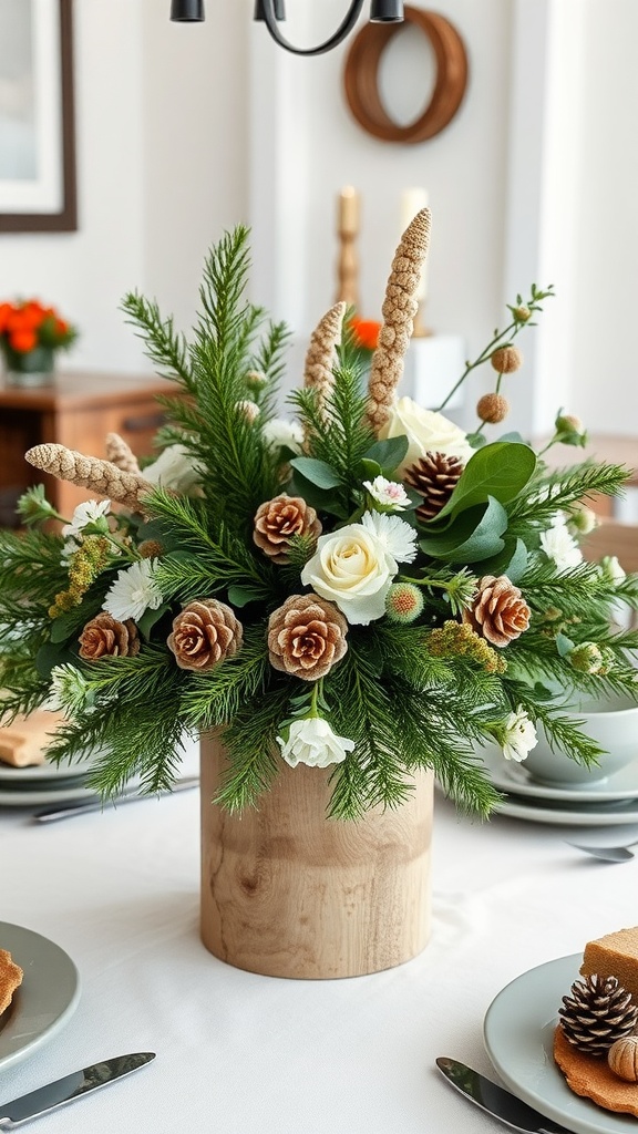 A nature-inspired centerpiece featuring roses, pine cones, and greenery in a wooden vase, set on a dining table.