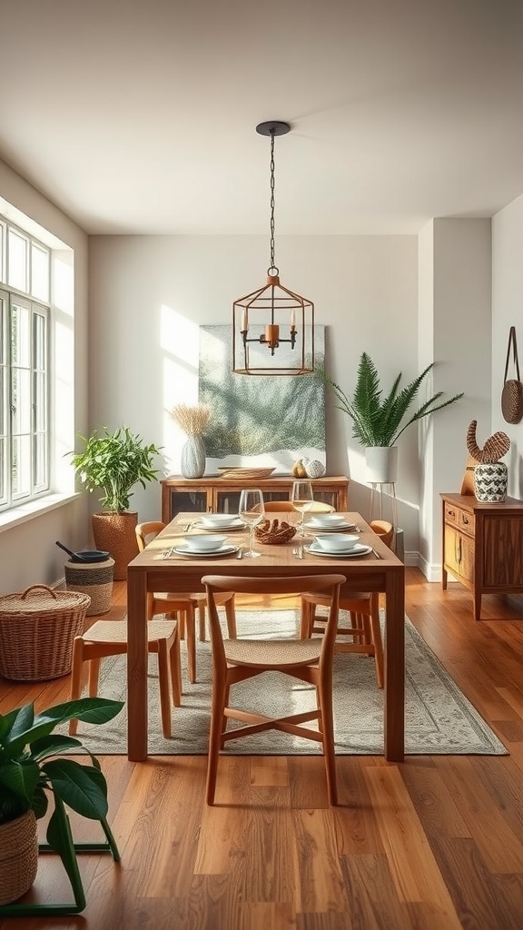 A chic dining room featuring a wooden table, plants, and natural light.