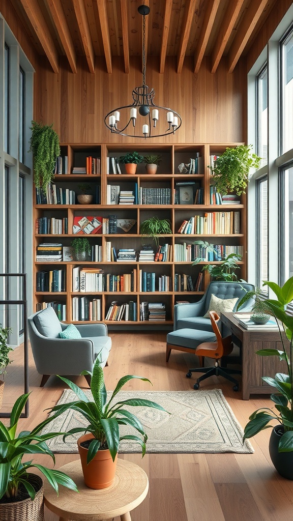 A cozy home library with wooden shelves, plants, and comfortable seating.