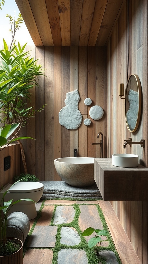 Nature-inspired bathroom with wooden walls, stone features, and greenery