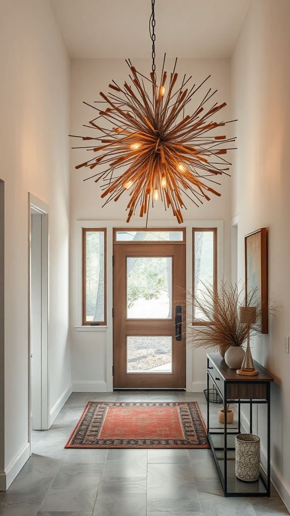 Stylish foyer with a nature-inspired lighting fixture resembling a burst of twigs