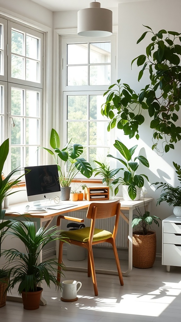 A bright home office with large windows, a desk, computer, and various indoor plants.