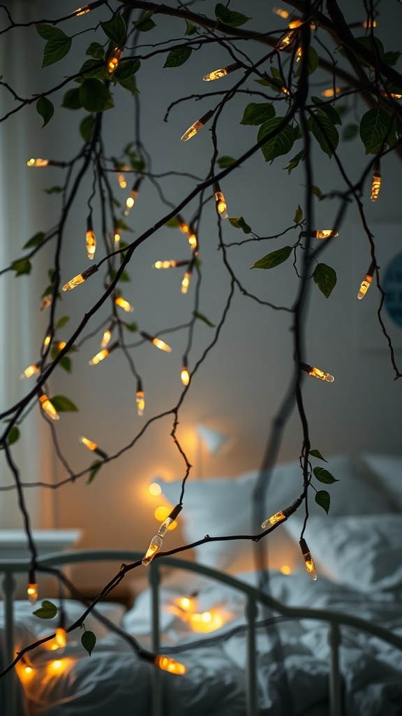 Fairy lights draped over branches with leaves in a cozy bedroom setting