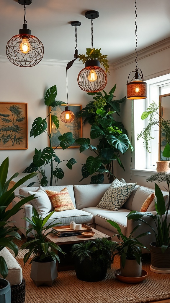 A cozy living room with nature-inspired lighting fixtures, featuring hanging lights among lush green plants and a comfortable sofa.