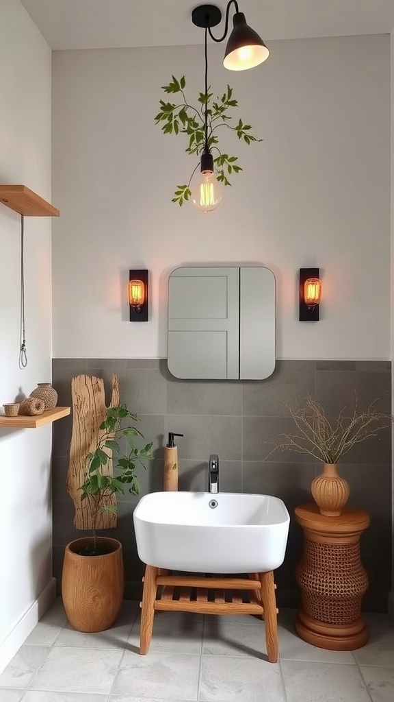 A stylish bathroom with nature-inspired lighting and wooden accents, featuring a hanging light with greenery, wooden shelves, and decorative elements.