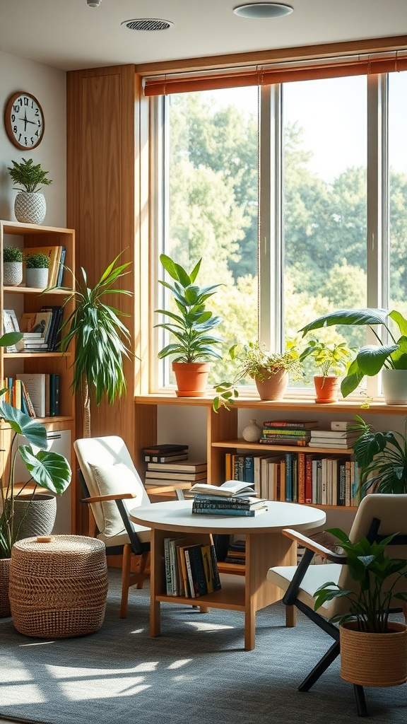 A cozy classroom reading area with plants, bookshelves, and comfortable seating.