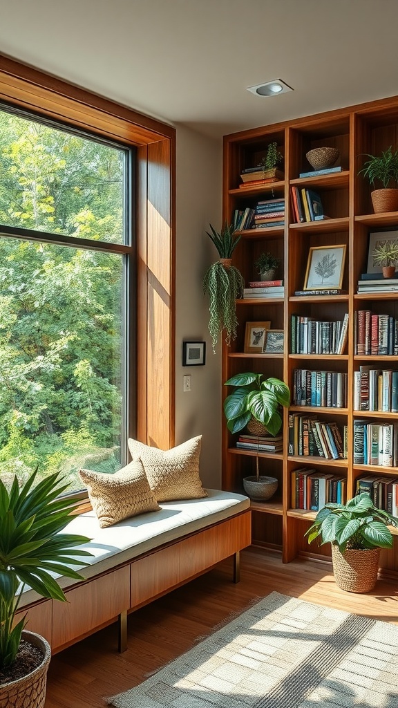 A cozy reading area featuring a window seat, bookshelves, and plants, with a view of green trees outside.